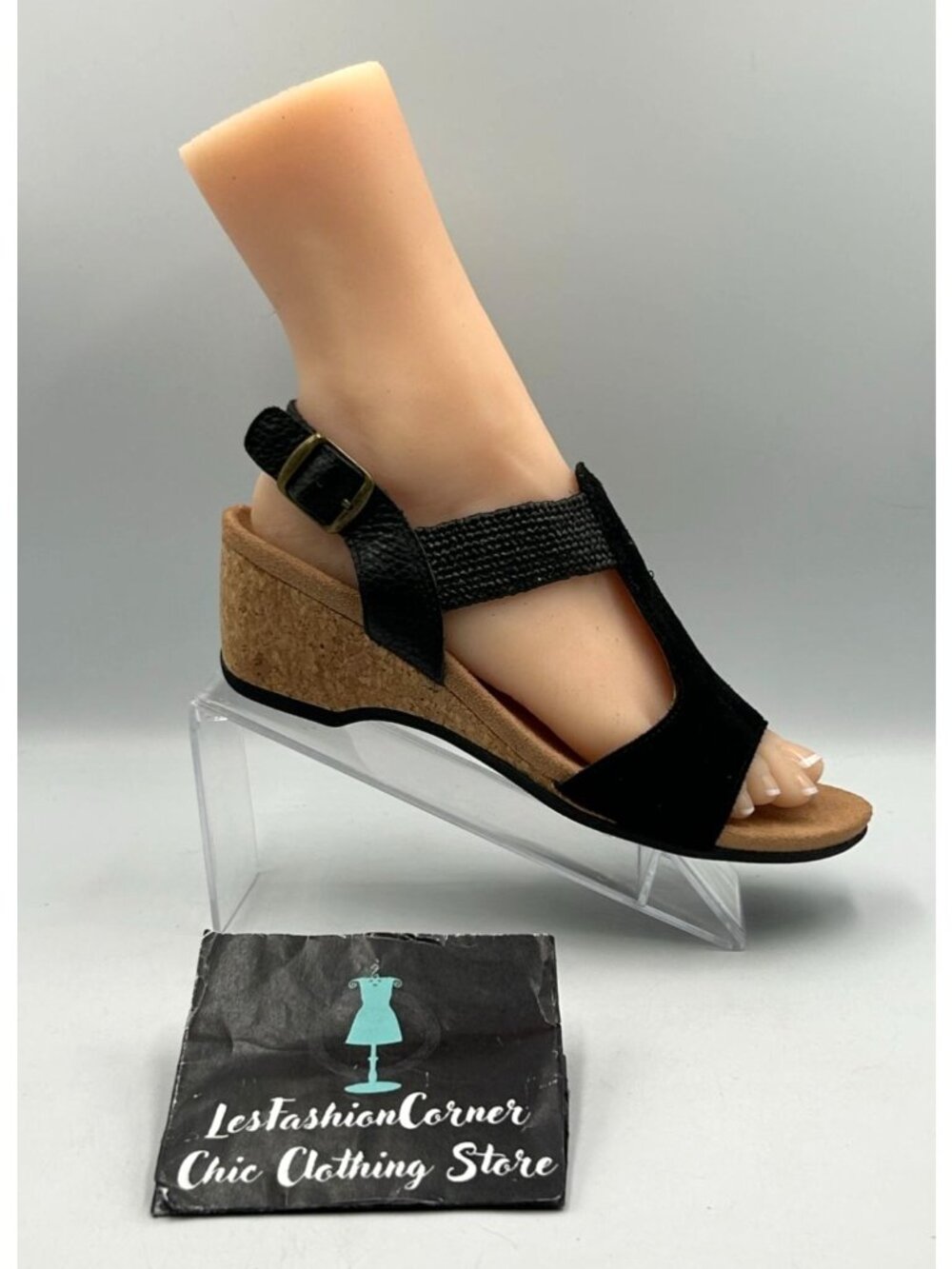 Vionic Women's Black Suede Kaytie T-Strap Cork Wedge Sandals Size 8 3522 - Picture 15 of 16